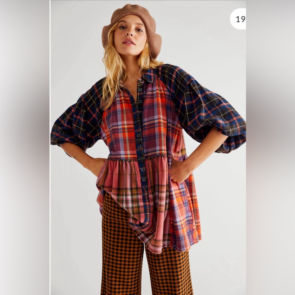 Free People Moon Bay Mixed Plaid Shirt